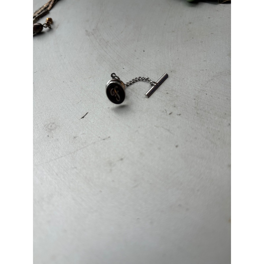 Vintage Silver Tone Black Enamel‎ Initial Letter F Tie Tack with T-Bar Chain